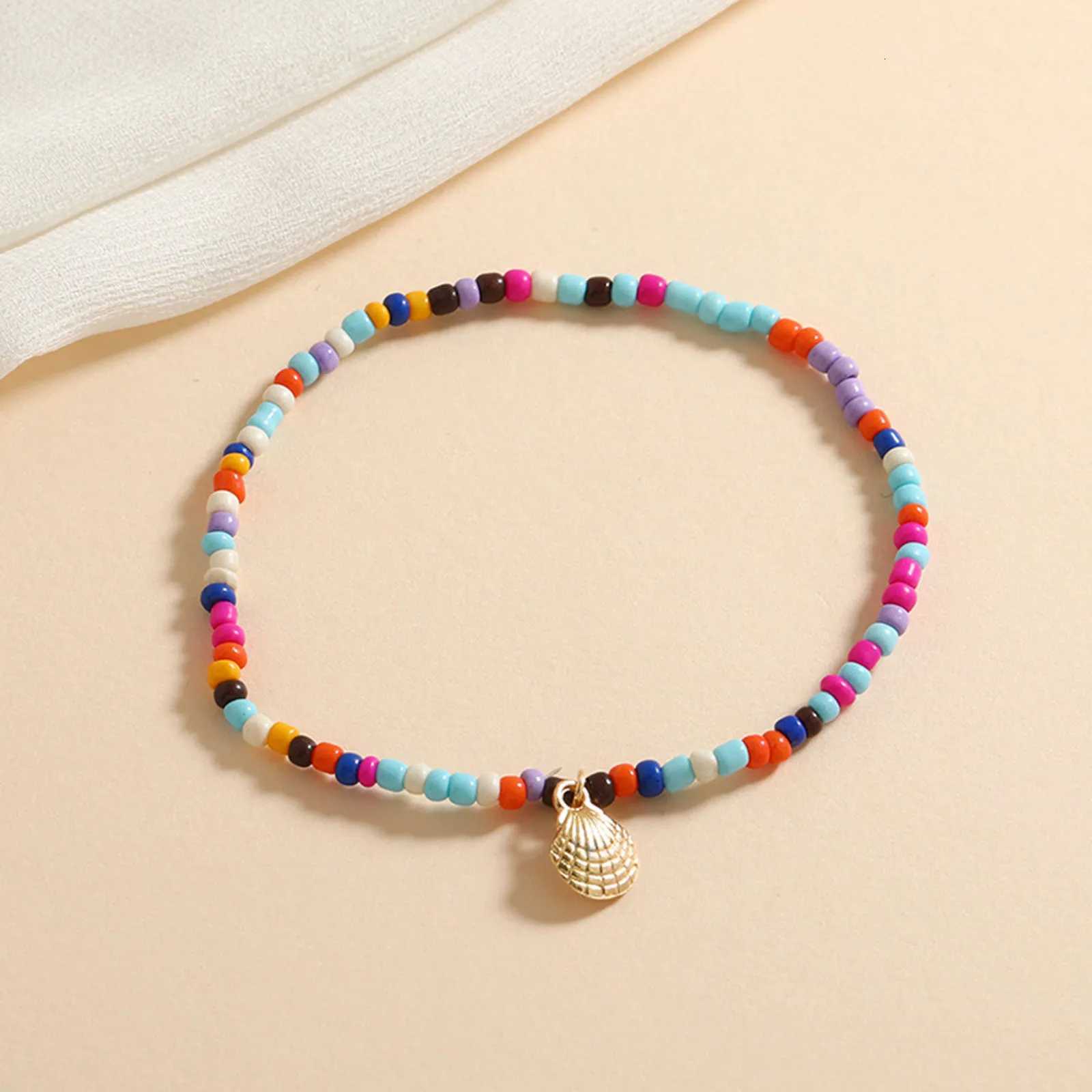 Summer Bohemian Anklet Stained Glass Rice Beads Elastic Star Moon Pendant Cherry Handmade Anklet Foot Leg Jewelry Y250805