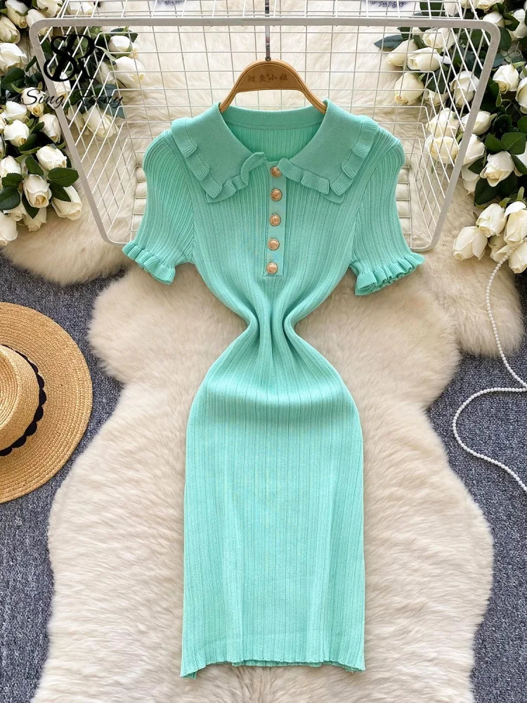 SINGREINY American Retro Knit Bodycon Sundress Women Lapel Neck Short Sleeve Elastic Ruffles Sheath Striped sweet Dress 250807