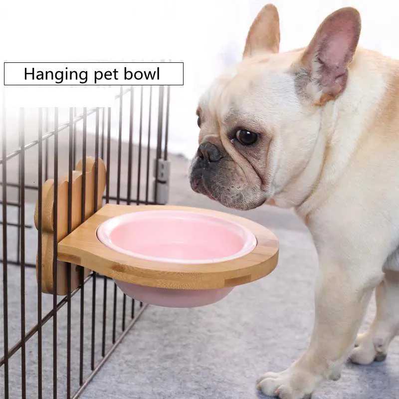 New Hanging Ceramics Puppy Cat Dog Pet Food Water Single Bowl with Wooden Frame Pets Supplies Feeding Feeder Height Adjustable Y250806