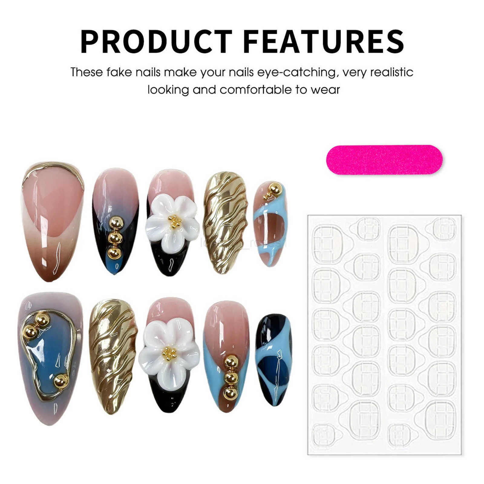 10pcs Blush Almond Handmade Press On Nails 3D White Flower Baroque Style False Nails Summer French Tip Sweet Cool Fake Nails Z250807