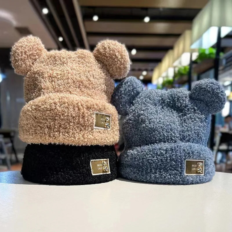Winter Bear Plush Knitted Hat for Women Cute Furry Ear Beanie Non Elastic Fisherman Style Warm Soft Headwear for Cold Weather 250806