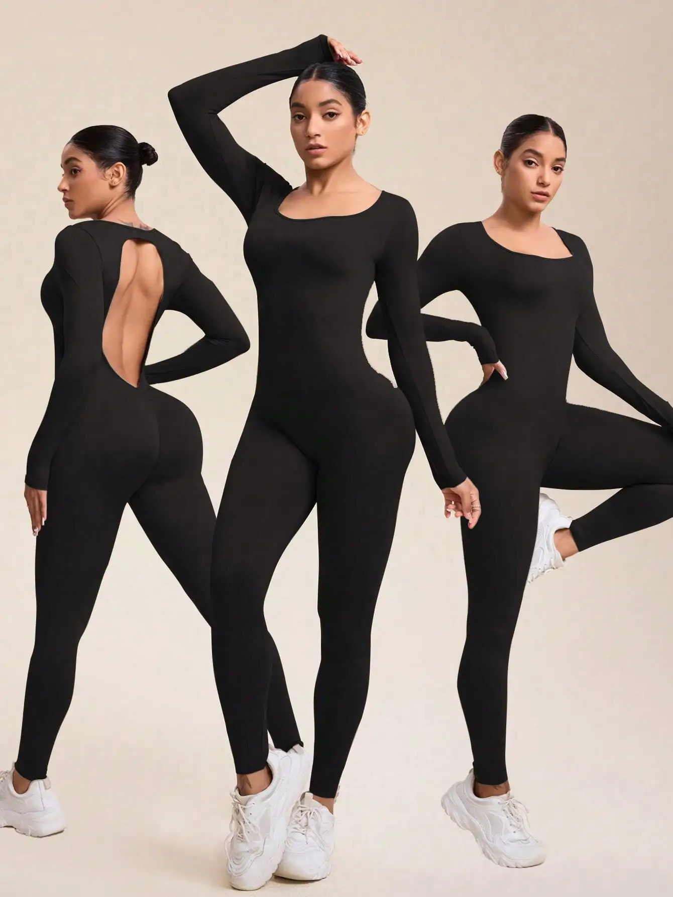 Women Jumpsuits Long Sleeve Sexy Backless Bodycon Rompers Scrunch Butt V Back Playsuit Workout Bodysuit 250807