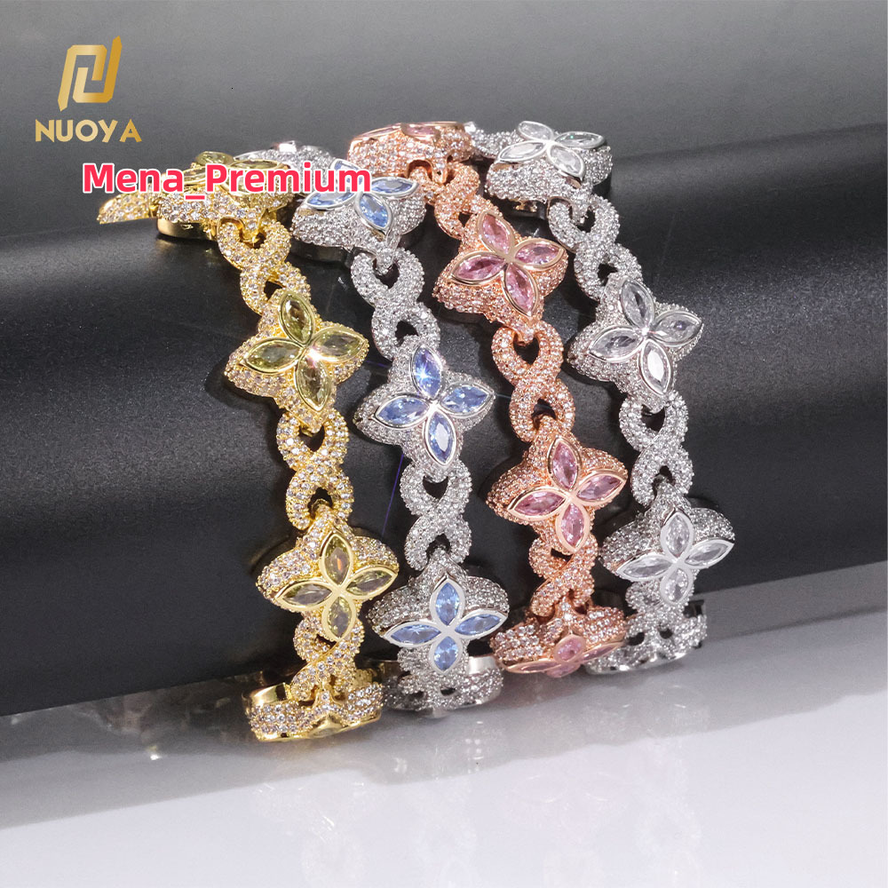 Iced Out Hip Hop Jewelry 8mm Diamond Flower Chain Four Leaf Clover Bracelet Silver Cubic Zirconia Gift for Anniversary Party