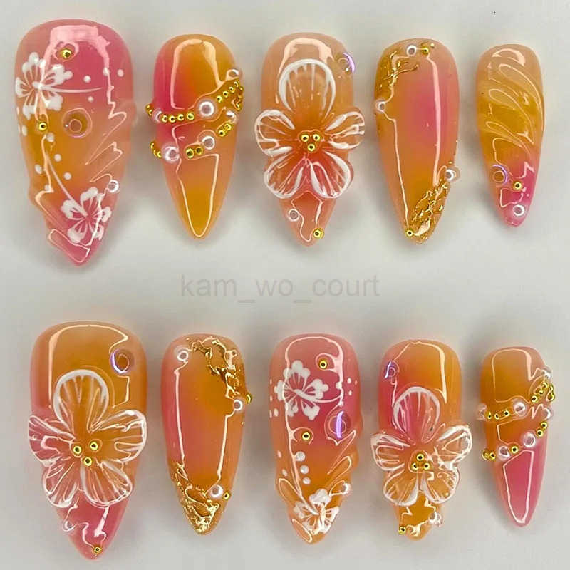 24Pcs 3D Green Ripple Design False Nails Cats Eye French Almond Fake Nail Tips with Leaves Pattern Removable Oval Press on Nails M250806