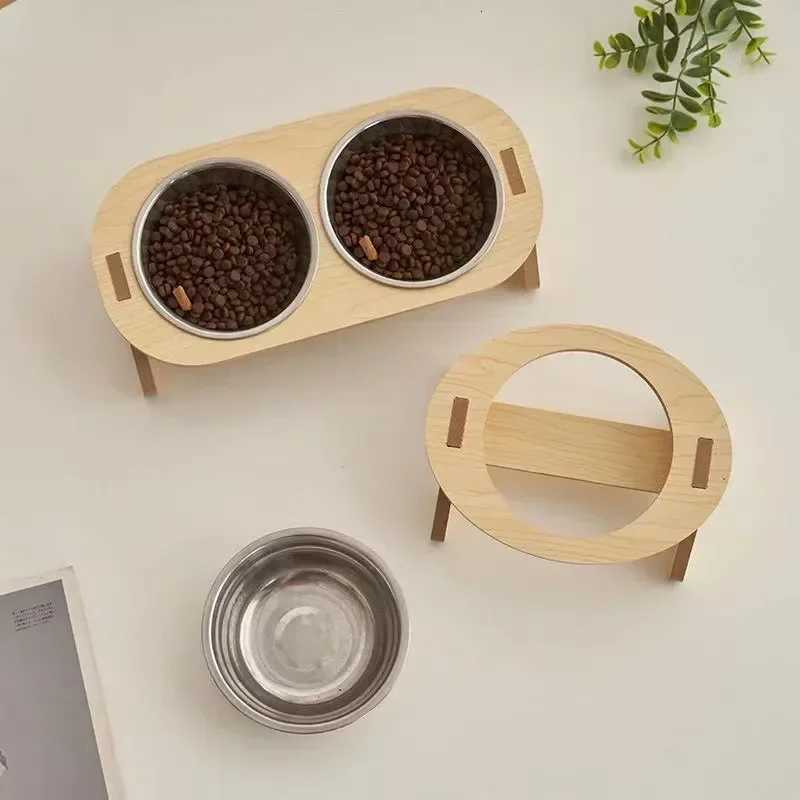 Bamboo Elevated Dog Bowls with Stand Adjustable Raised Puppy Cat Food Water Bowls Holder Rabbit Feeder for Small Medium Pet Y250806