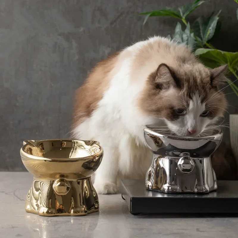 Pet Supplies Ceramic Cat Shaped Bowl with Bells Anti Tipping Feeder for Puppy Dog Cat Supplies Dog Accessories Y250806