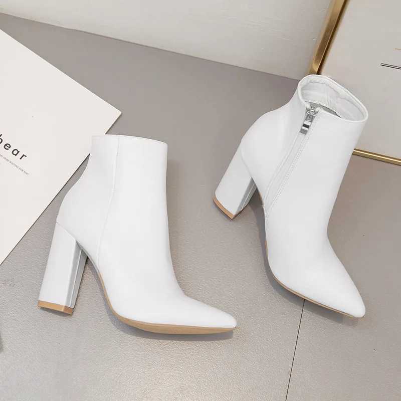 Women Mid Calf White Point Toe Boots High Heels Fi Pointed Toe Killer Booties Womens Boots White 8996 XJ250807