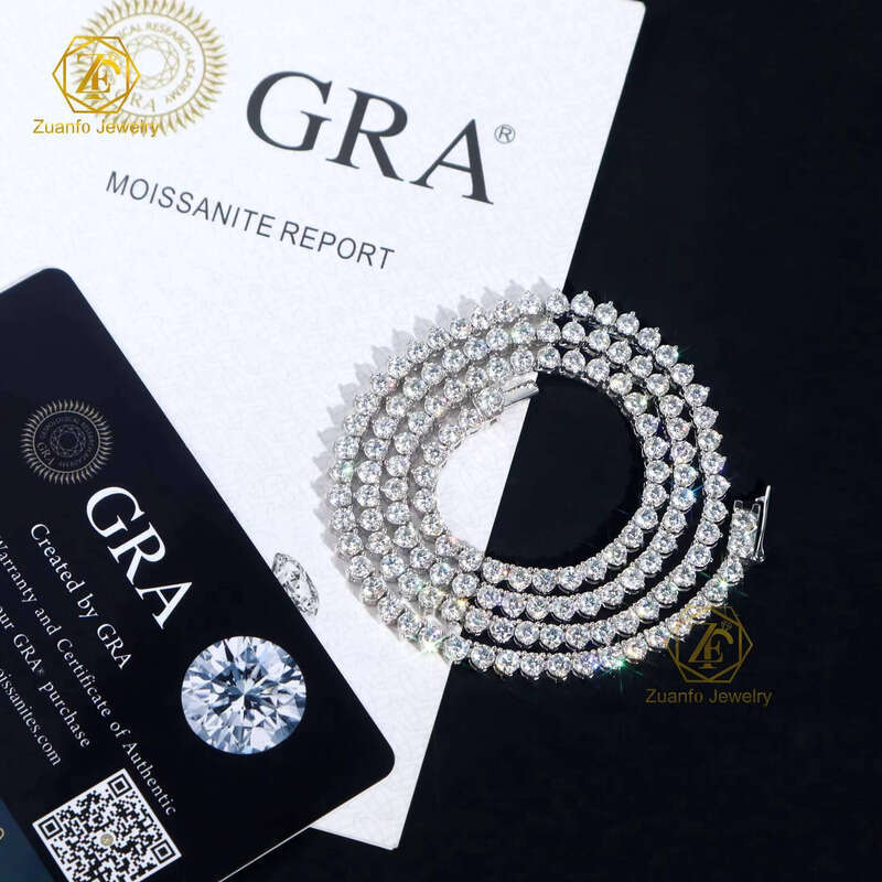 Pass Dia Test 3 Prongs Design Moissanite for Men Women Sier Hiphop Jewelry Tennis Link Chain Necklace