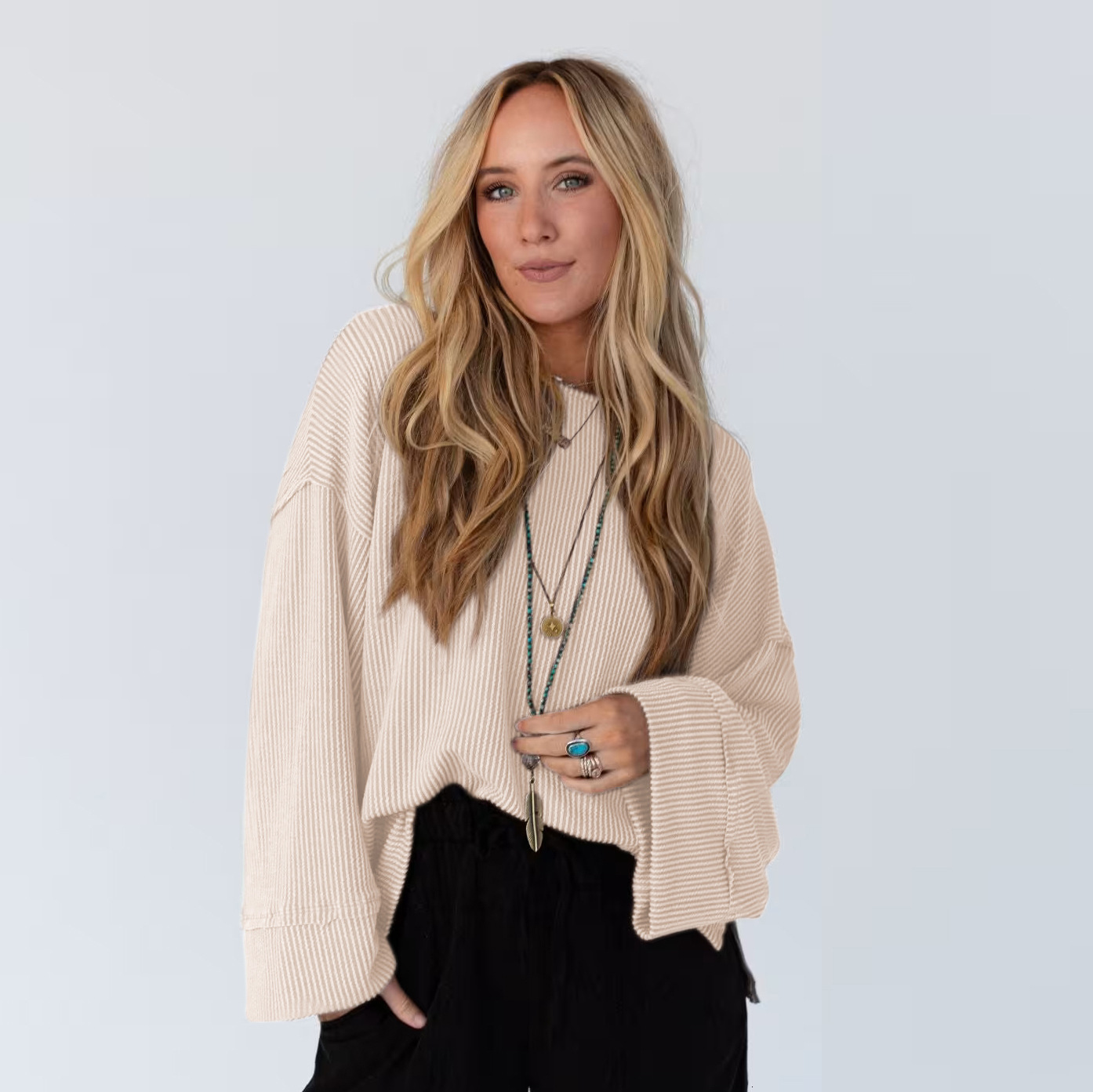 Women's Hollow Out Twisted Ribbed Long Sleeve T-Shirt Trendy Loose Casual Commuter Top