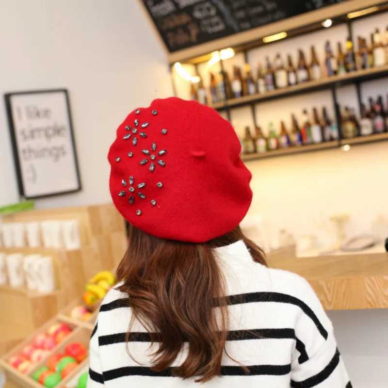 VISROVER Women Wool Winter Beret DIY Female Rhinestone Wool C Autumn Winter Hat Solid Color Top Quality Women Beret Wholesale XJ250807