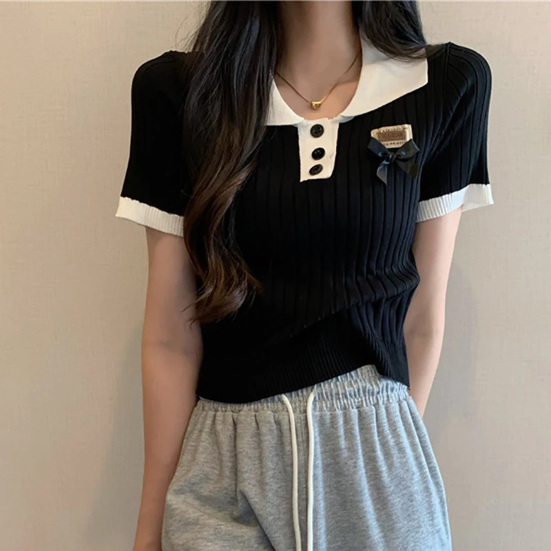 HELIAR Women Knitted Polo Neck Tshirts Short Sleeve Buttons Bowknot Sweet Top Patchwork Solid Shirt Beach Tees Spring Summer 250729