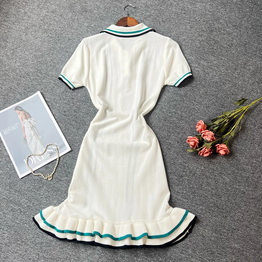 YuooMuoo Women Dress Summer Vintage Turndown Collar Knitted Mini Lady Slim Elastic Ruffled Bodycon Party Robes 250807