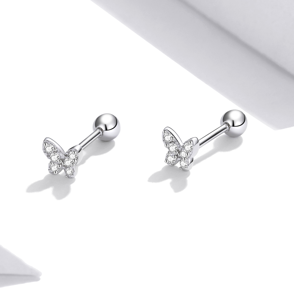 BAMOER 925 Sterling Silver Cute Butterfly Stud Earrings, Handmade 5mm Dainty CZ Platinum Plated Hypoallergenic Earrings SCE1116