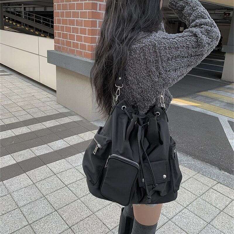 2025 Spring And Summer New Nylon Cloth Waterproof Korean Sweet Cool Multi-pocket Zipper Drawstring Single Shoulder Double Crossbody Bag Fashionable