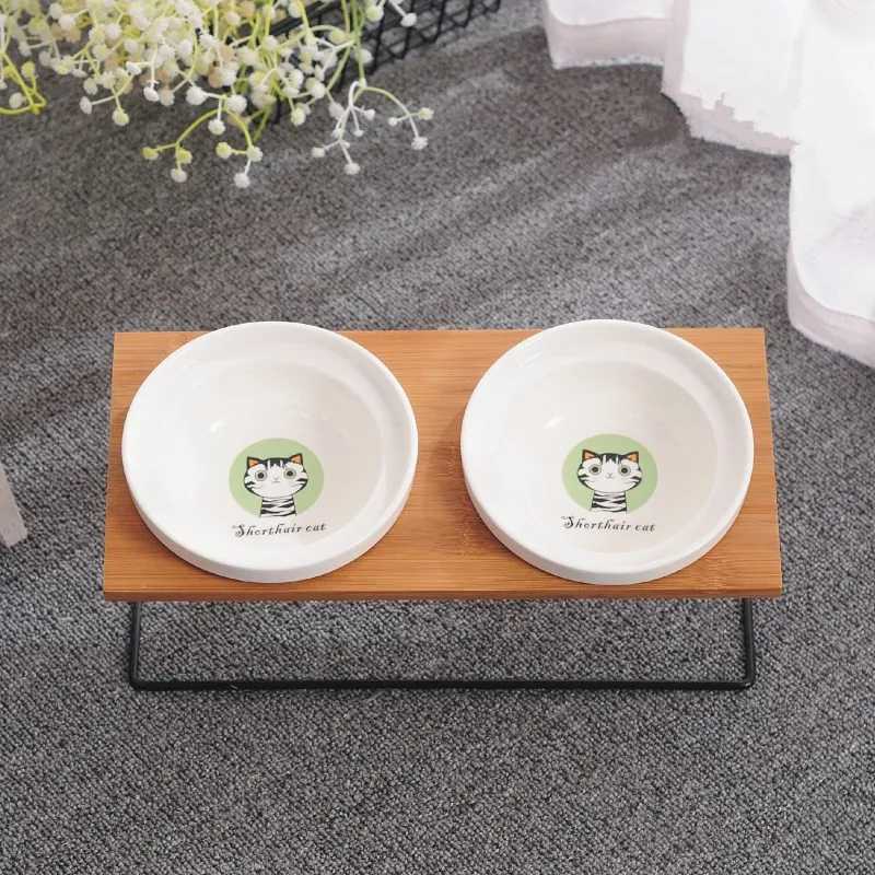 Cute Cat Bowl High-end Pet Bowl Bamboo Shelf Ceramic Feeding and Drinking Bowls for Dogs and Cats Pet Feeder Dog Double Bowls Y250806