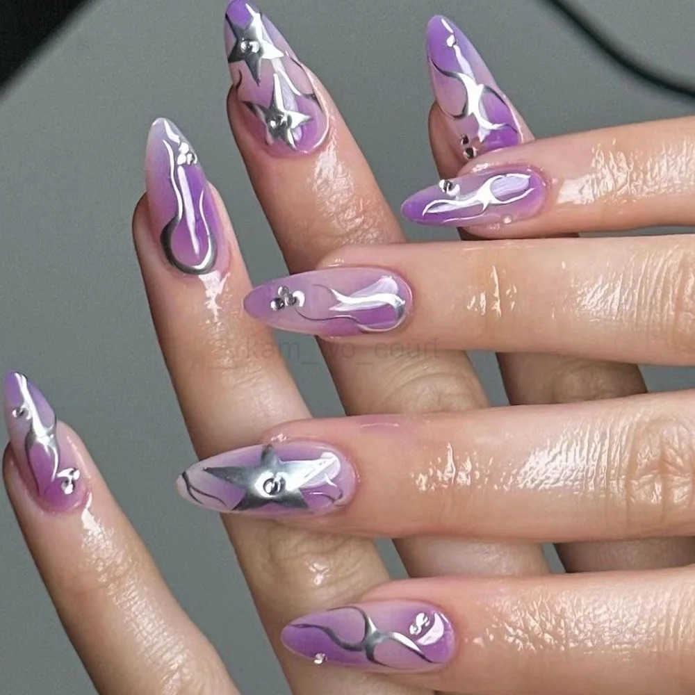 24Pcs Purple Fake Nails Almond Press on Nails Silver Star Designs Full Cover False Nails Tips for Women Y2K Girls Wearable Manicure M250807