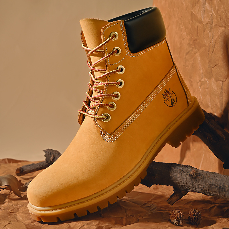 2025 Autumn Winter Fleece Lined High Top Boots Unisex Large Sizes 35-47 Versatile Fashion Couple Work Boots Yellow for Men and Women