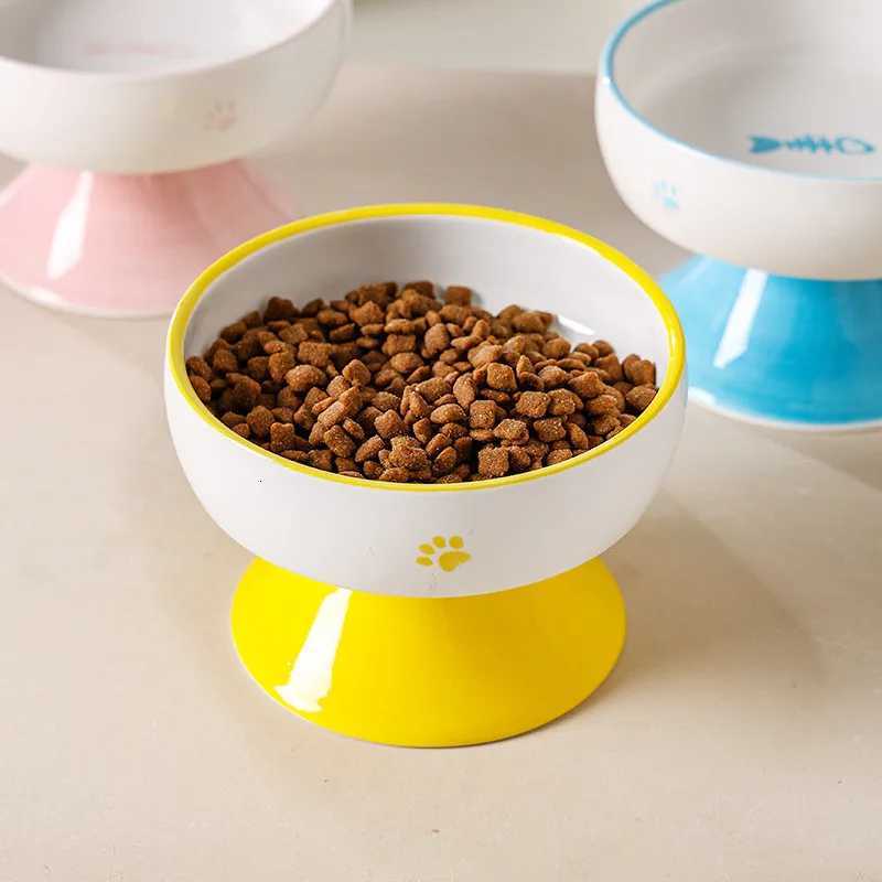 Cat Bowl High Legged Ceramic Food Bowls Water Feeding Dog Feeding Bowl Cervical Protection Pet Products Y250806
