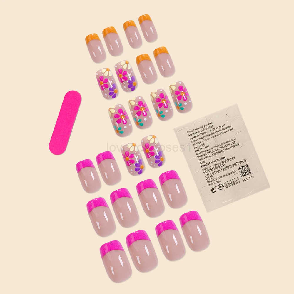 24Pcs/Set Middle Size Square Rose Red French Colorful Flower Full Coverage Wearable Nail Art Fake Nails for Women Girls Z250807