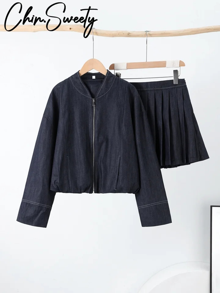 Street Denim Coat Mini Skirt Sets Women O-neck Long Sleeve Jacket Pleated Skirts Female Suit 2025 Spring Summer Lady Suits 250804