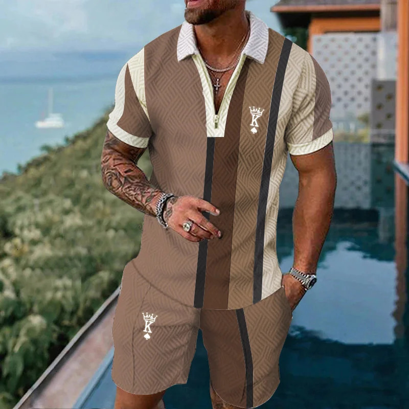 Casual Simple Mens Short Sleeve Sets Fashion Zipper Polo Shirts Shorts 2 Piece Outfit Summer Hip Hop Trend Loose Tees Top Suit 250807