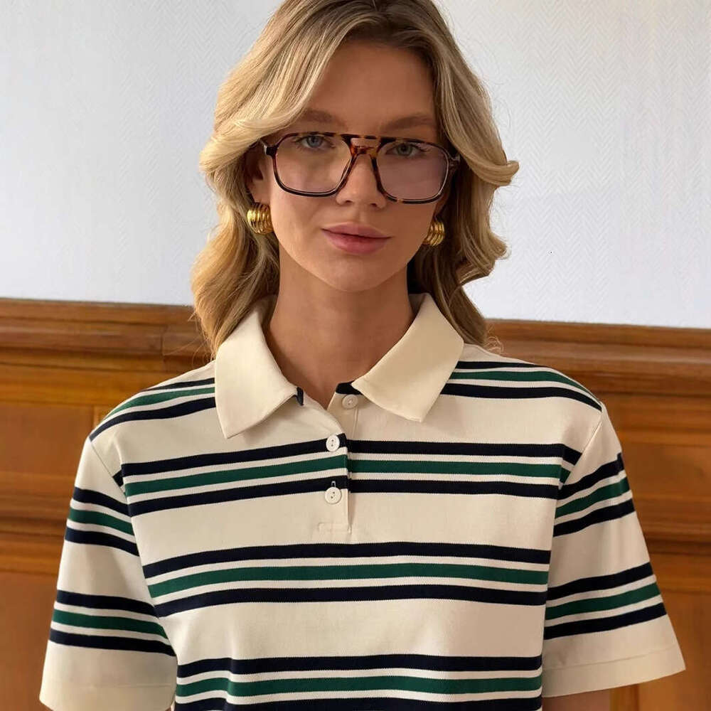 Summer New American Style Color Block Striped Polo Shirt Loose Short Sleeve T-Shirt For Women Ins B5