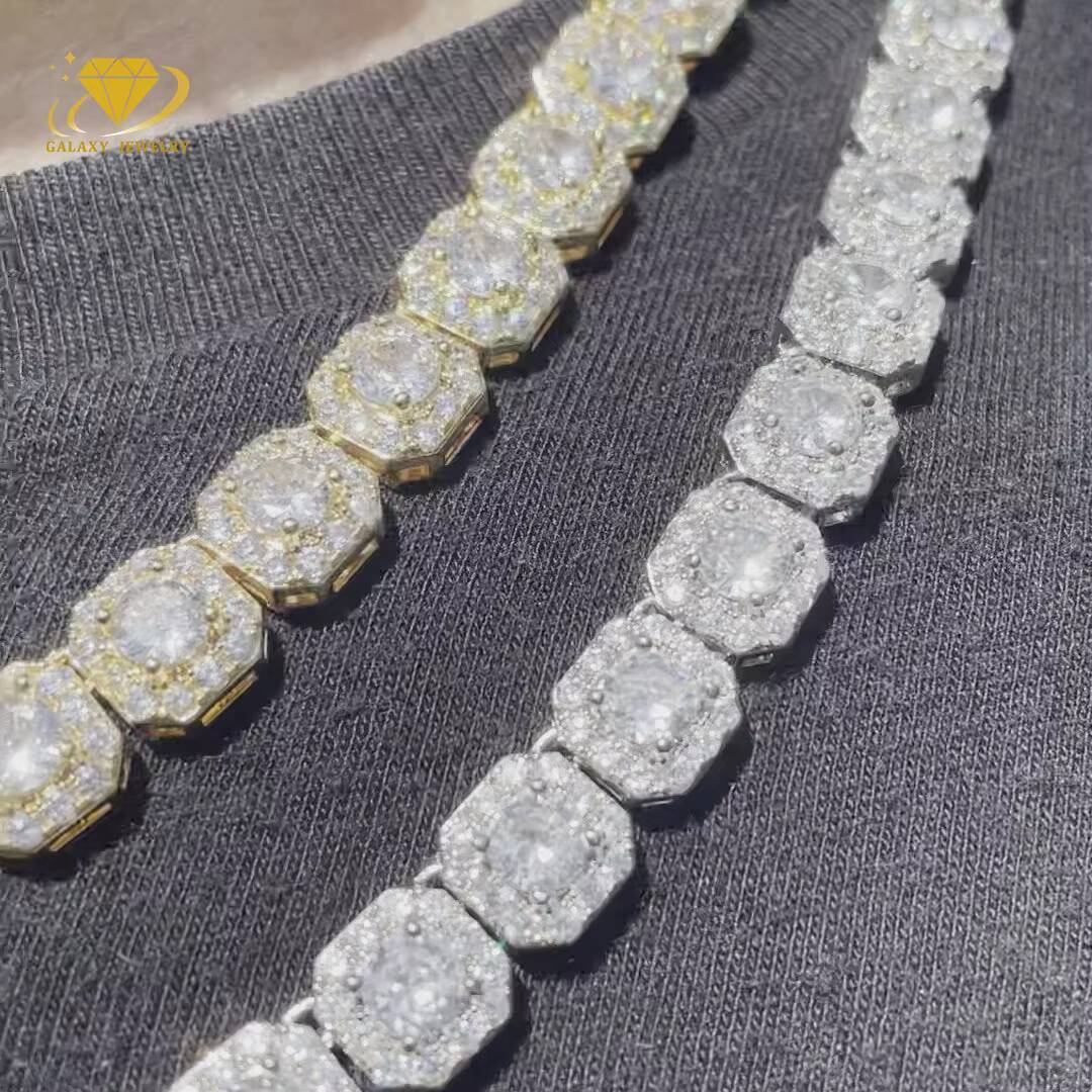 Luxury Iced Out Pass Diamond Tester Real Moissanite Square Cluster Tennis Chain 925 Silver Hip Hop Men 10mm 12mm Necklace