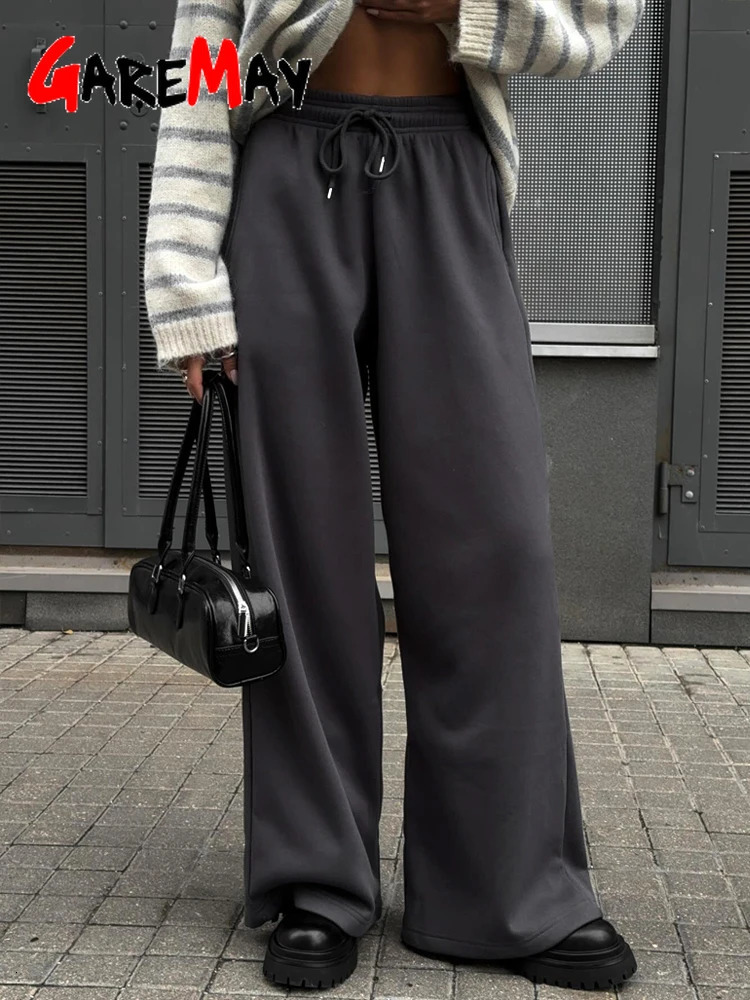 Womens Winter Pants Velvet Wide Leg High Waist Beige Thick Vintage Oversize Loose Pants Gray Casual Warm Fleece Pants for Women 250806