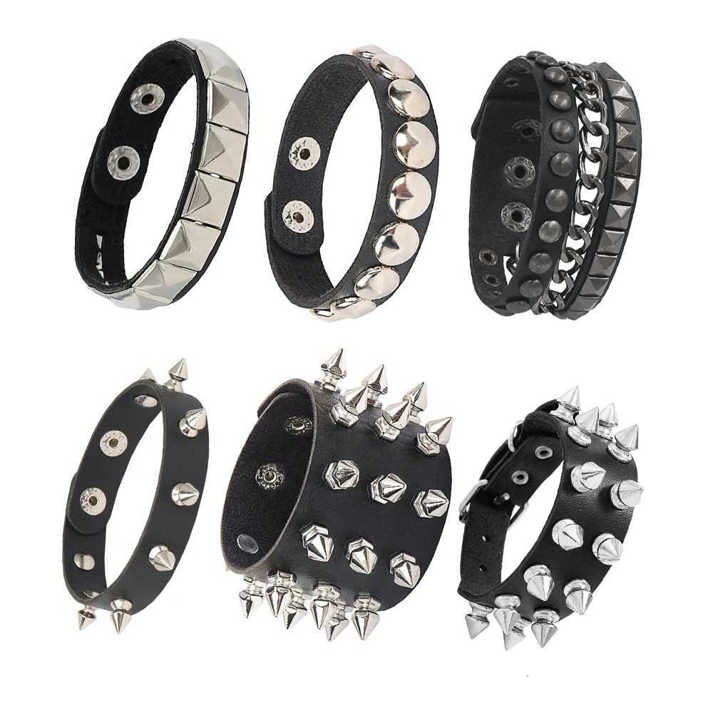 90s Punk Leather Bracelet for Men and Women Rivet Cuff Bangle Bracelet Adjustable Black Leather Wristband Metal Studded Jewelry Gift W250807