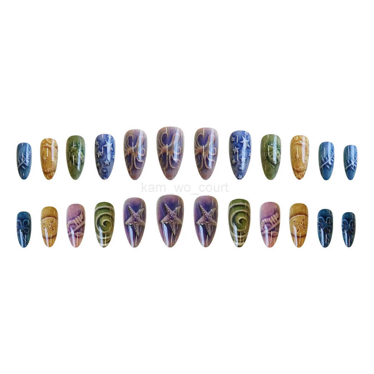 24pcs Charming Summer Ocean Press On Nails Colorful Painting Short Almond False Nails With Starfish Flower Press On Nail M250807