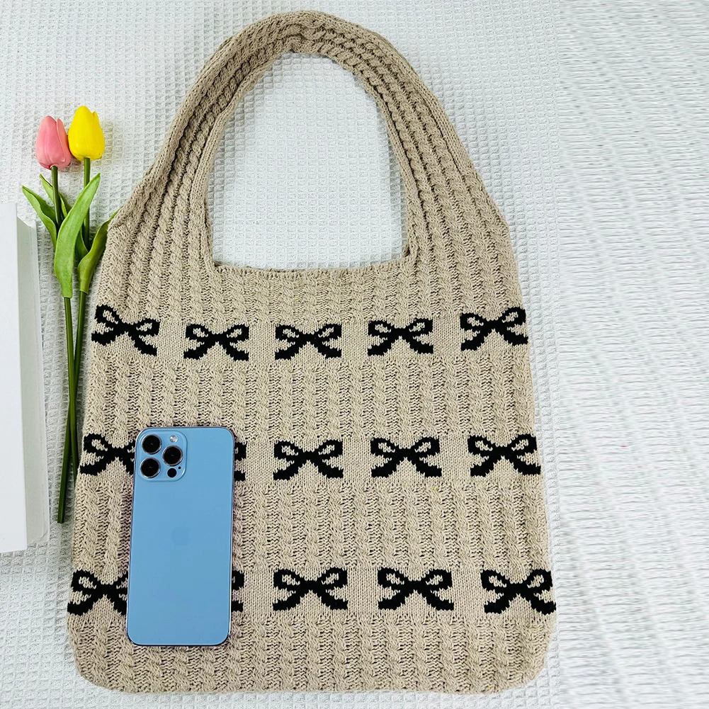 Knitted Handbags Large Capacity Bow Pattern Crochet Tote Bag Bow Pattern Crochet Tote Bag Multifunctional Knitted Shopping Bag 250807