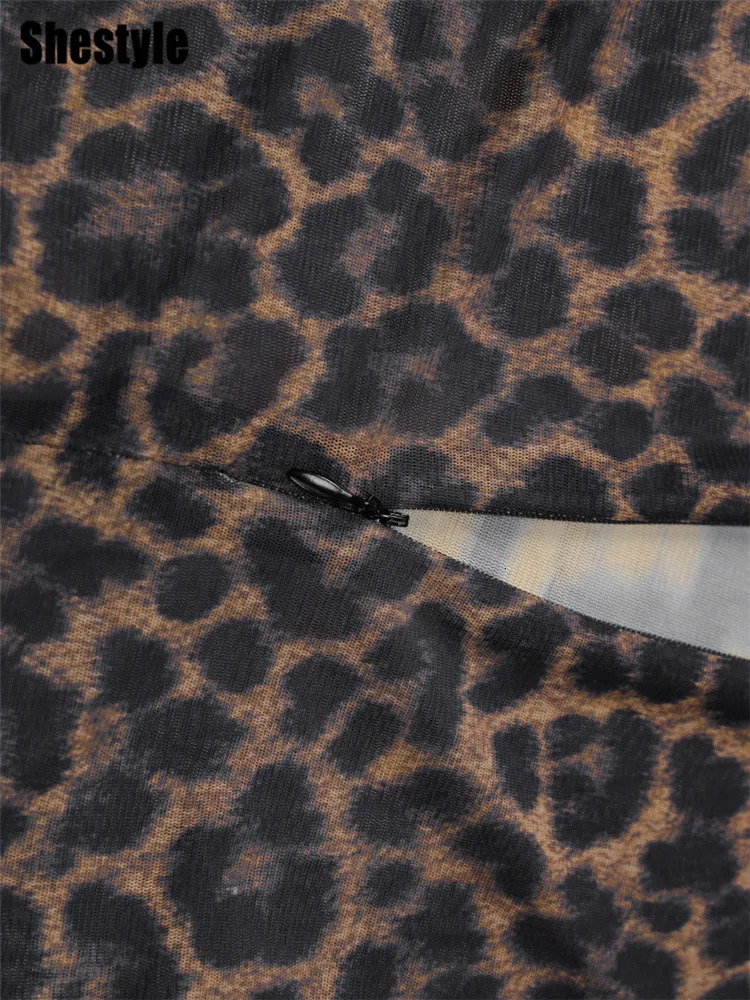 Shestyle Leopard Transparent Jumpsuit Women Sheer Flare Zipper Fly Long Sleeve Crew Neck Autumn Bodycon Outfits Clubwear 250807