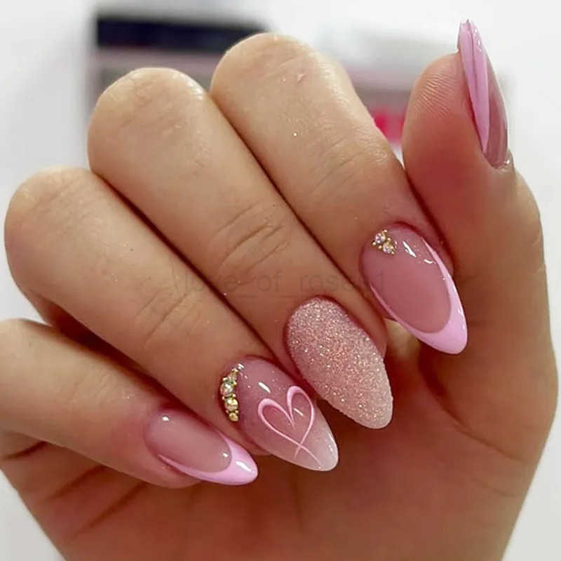 Light Pink Fake Nails Mid-Length Square Head Press-On Nails Love Heart Printed Diamond Designs French Style False Nails Tips Z250807