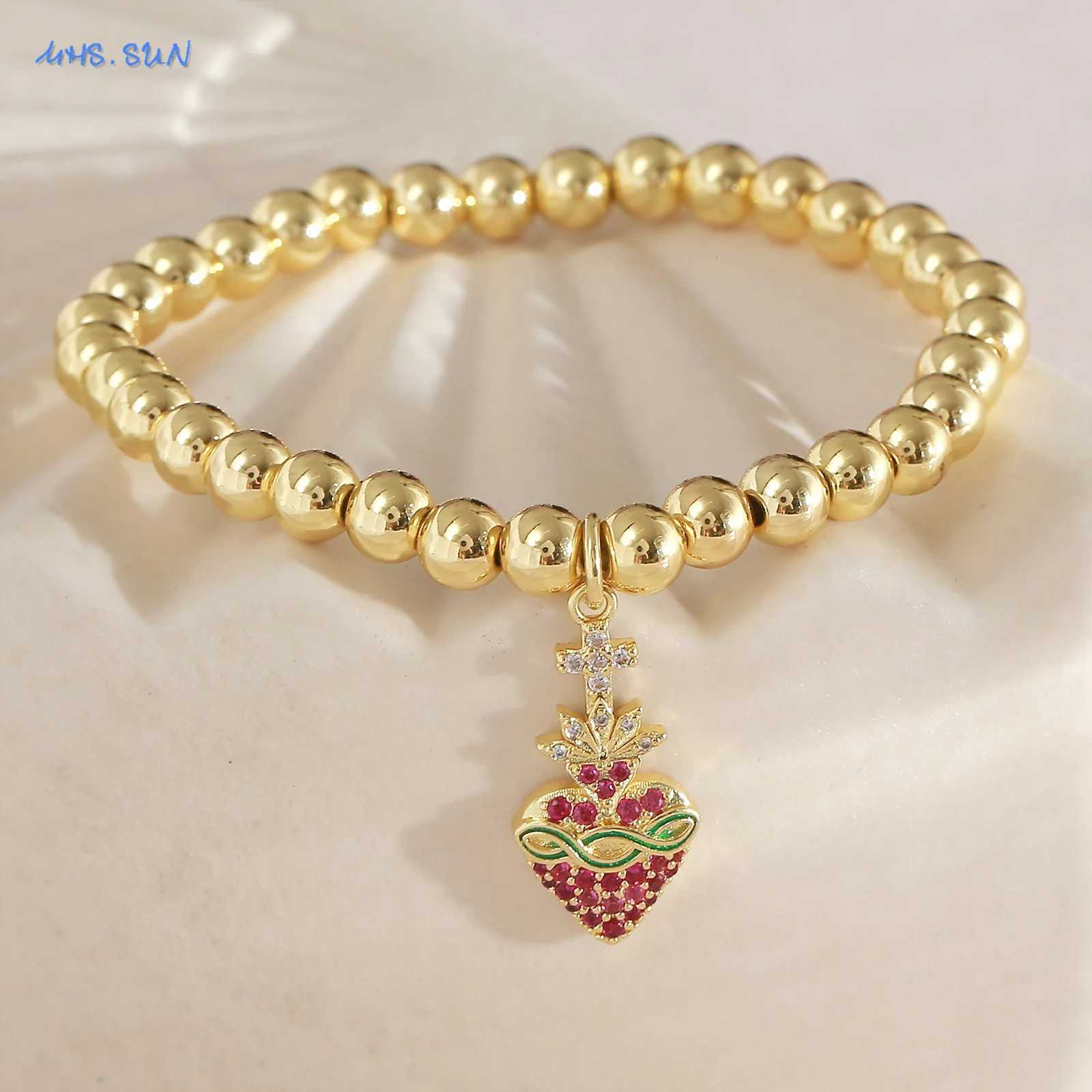 6MM Gold Plated Metal Beads Bracelets for Women and Men Cubic Zircon Sacred Heart Cross Charm Bracelet Party Jewelry W250807
