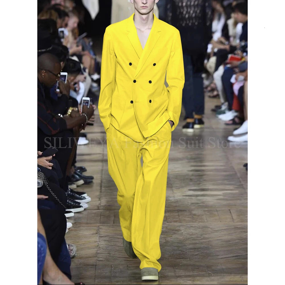 Chic Men Suits Solid Color 2 Piece Set Fashion Notch Lapel Double Breasted Loose Male Suit Business Wedding Casual Blazer Pants 250807