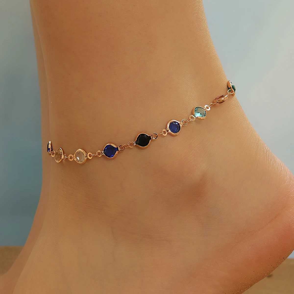Kinitial Exquisite and fashionable laser plated anklet with black blue and multicolored white stones as an anniversary gifts Y250805
