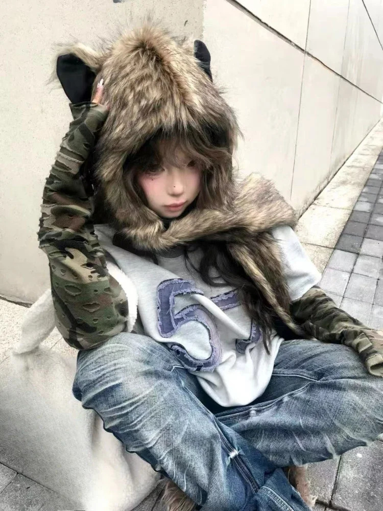 Japanese Kawaii Cute Fur Scarf Hat Winter Keep Warm Y2k Aesthetic Fashion Vintage Cap Bears Ears Women Hats Grunge Streetwear 250806