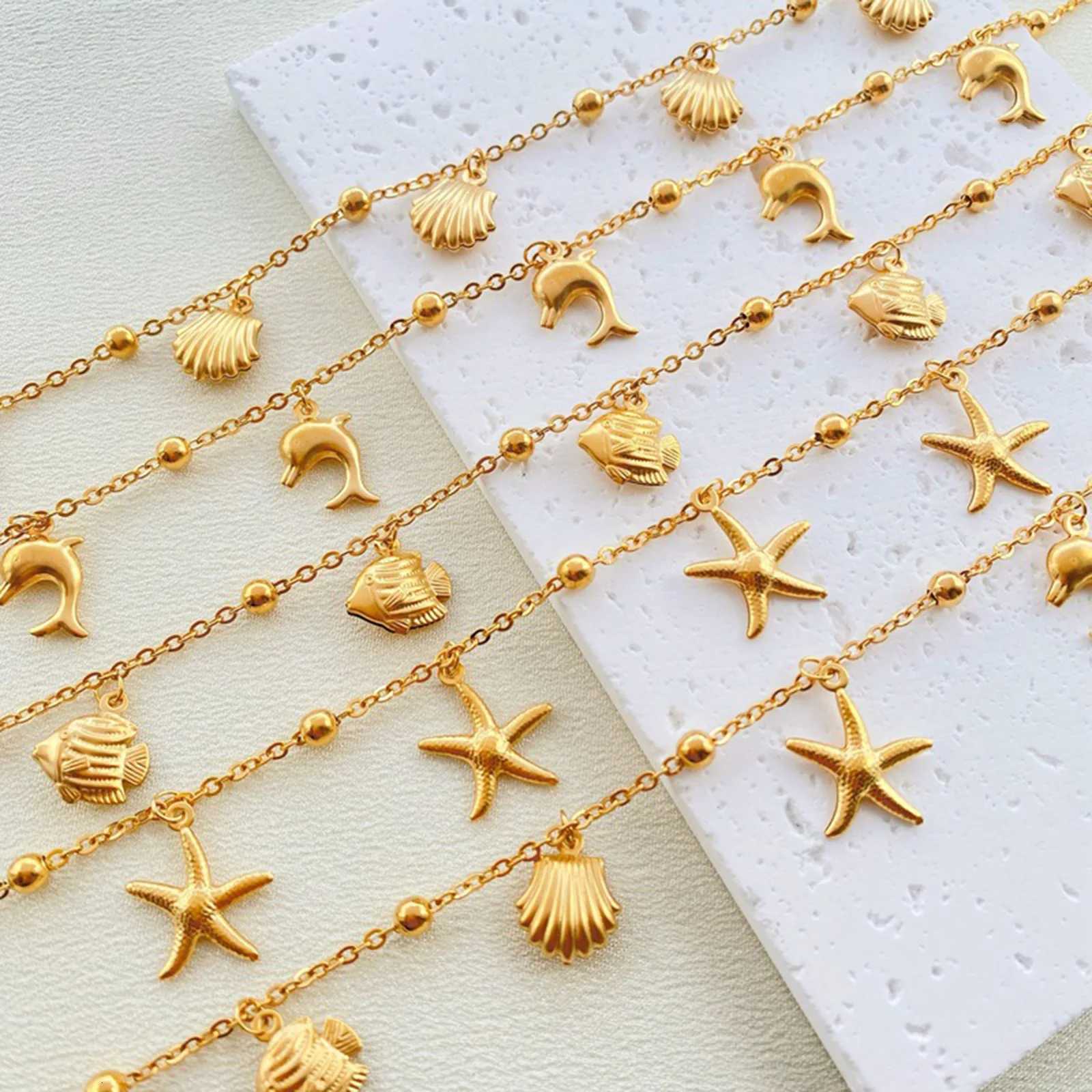 New Stainless Steel Link Cable Chain Anklet Gold Color Marine Animal Dolphin.Starfish For Women Beach 21cm(8 2/8) Long 1 Piece Y250805