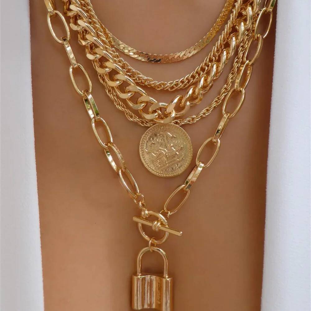Vintage Fashion Punk Thick Chain Head Coin Lock Pendant Necklace For Women Female Multilevel Gold-plate Hip Hop Jewelry Gfit Jewelry for Women