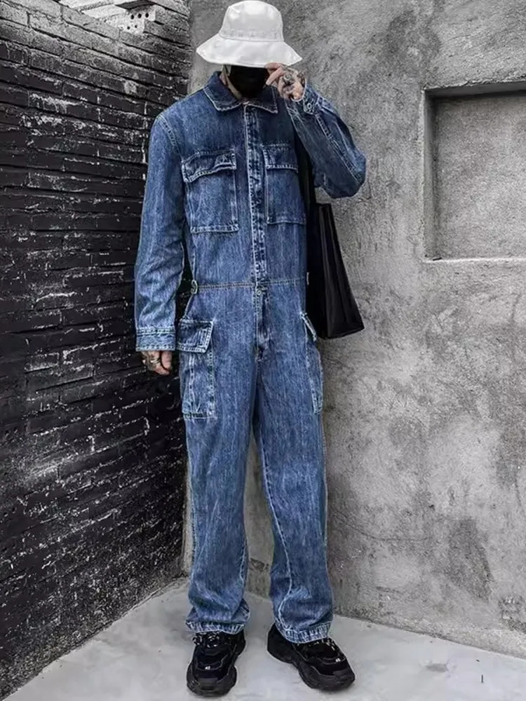 Fashion Mens Jumpsuit Long Sleeve Multi Pockets Cargo Pants Hip Hop Men Spring Autumn Overalls Vintage Denim 250804