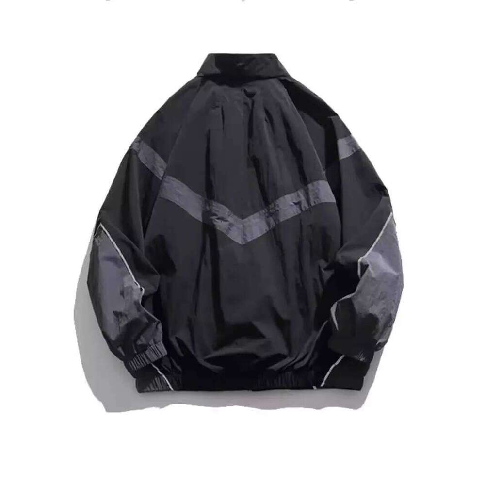 Trendy American Style Zippered Hooded Men's Loose Fit Casual Autumn Fashion Thin Jacket Reflective Patchwork Stand Collar