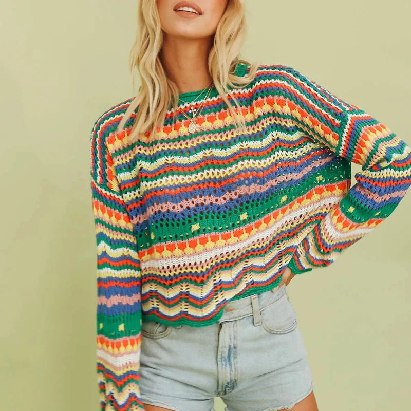 Puloru Vintage 90s Striped Sweaters Women Casual Knitted Crochet Jumpers Fall Spring Chic Long Flared Sleeves Pullover Tops 250804