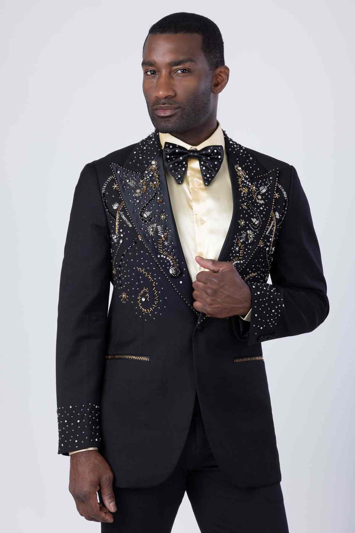 Luxury Men Suits 2 Pieces Peaked Lapel One Button Jacket Blazers Crystal Beadeds Prom Male Wedding Tuxedos Customized Plus Size