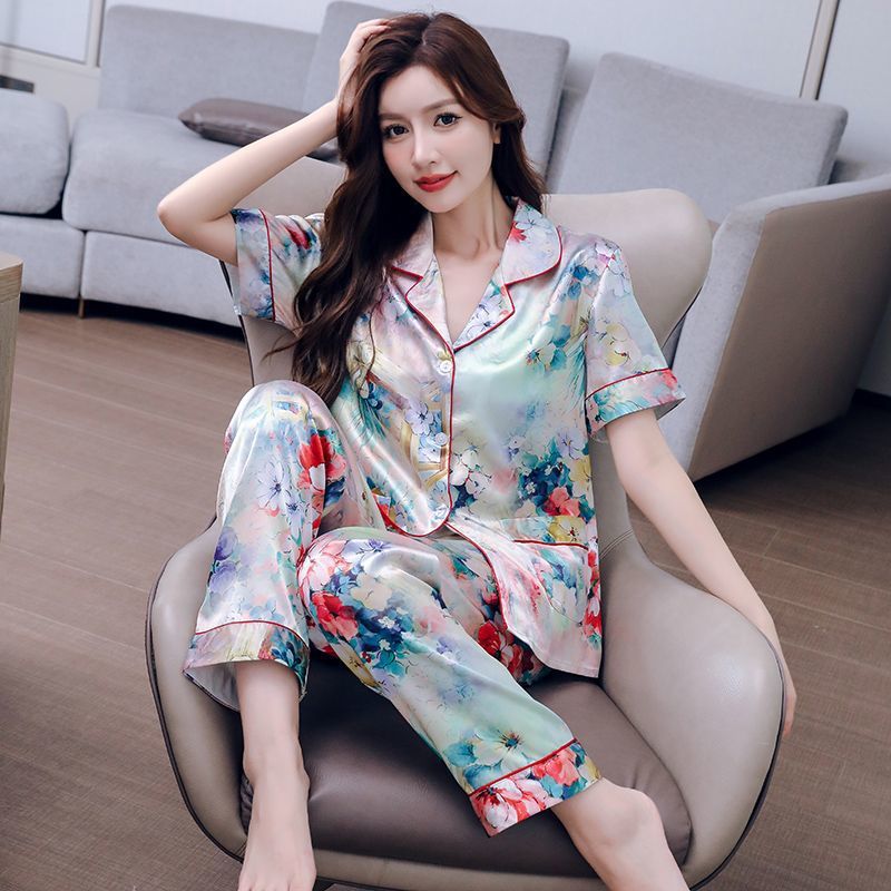 Y27-Summer women's ice silk two-piece pajamas women's summer short-sleeved silk thin home clothes spring and autumn