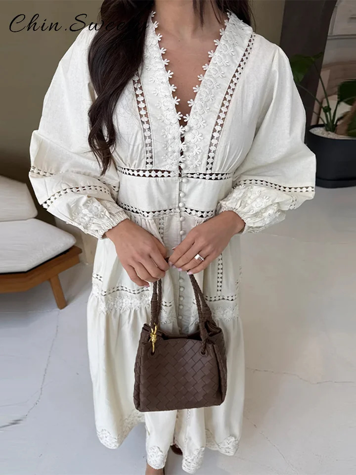 Casual Hollow Out Embroidery Pleated Long Dress Women V-neck Lantern Sleeve Single Breasted Dresses Summer Lady Chic Robes 250805