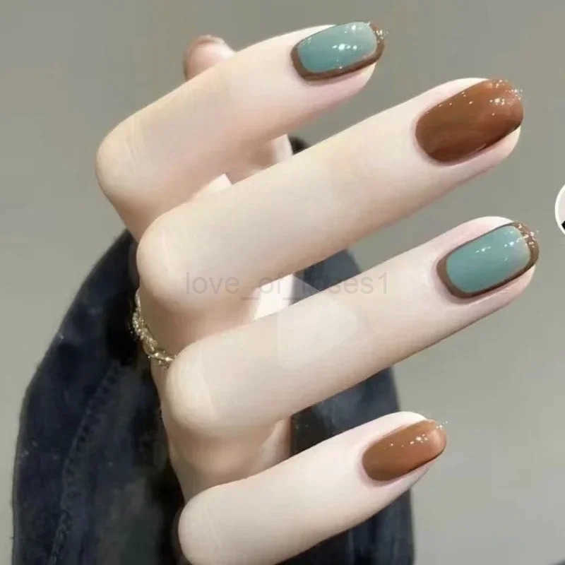 10Pcs/Set Handmade Short Press-On Nails - Glossy Brown Blue French Tips Easy To Apply Remove Perfect for Women Girls Daily Wear Z250807