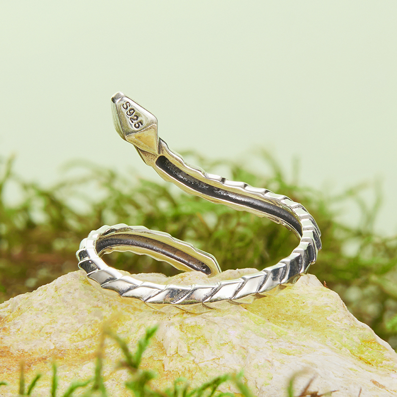 Bamoer Original 925 Sterling Silver Snake Ear Stud Ring Oxidized Silver Zircon Animal Earrings BSR638-E Snake Vintage Ring