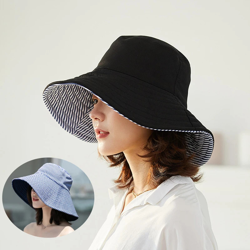 Double Side Wear Fisherman Hat For Women Solid Striped Bucket Hats Summer Female Anti-UV Wide Brim Sunscreen Cap 250805
