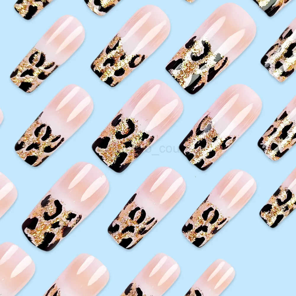 24pcs Luxe Fashion Press-On Nails Set - Long Square Glossy Finish with Leopard Print French Design - Perfect for Women and Girls M250807