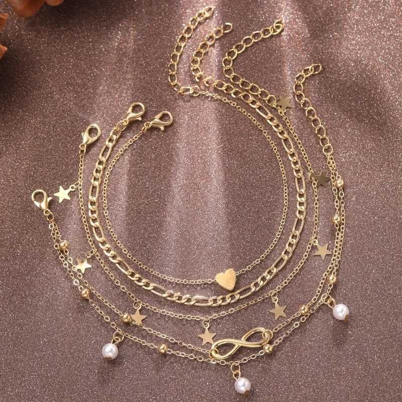 4Pcs Bohemian Summer Beach Anklet Set For Women Vintage Gold Color Pearl Butterfly Star Heart Pendant Charm Chain On Leg Jewelry Y250805